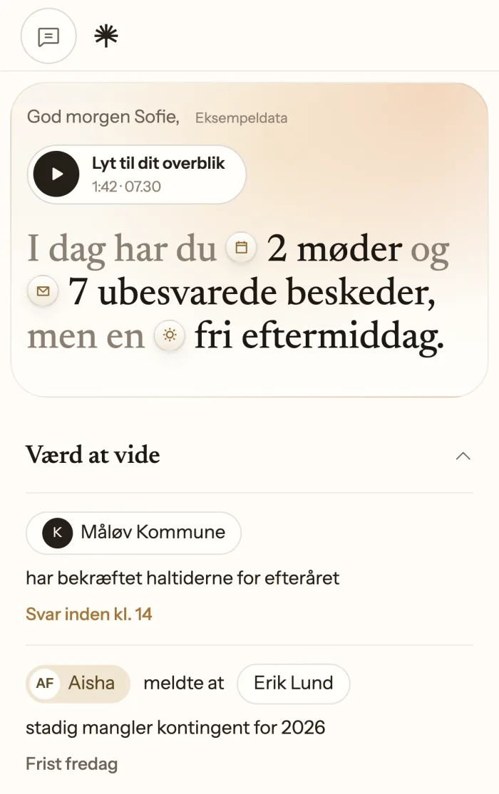 Forenelig-dashboardet: dagens overblik med møder, ubesvarede beskeder og det, der skal svares på, vist med eksempeldata.